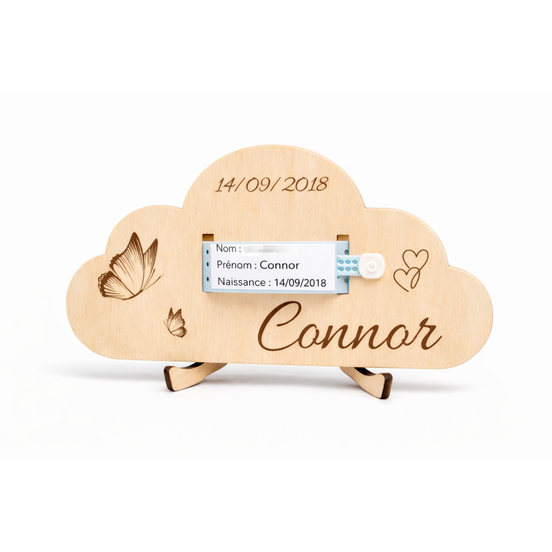 Nuage bébé personnalisé bois – Porte bracelet naissance – Prénom et date gravés – Décoration chambre bébé avec support