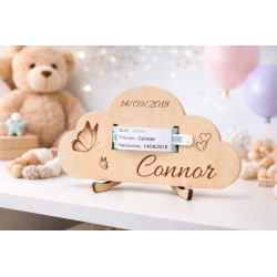 Nuage bébé personnalisé bois – Porte bracelet naissance – Prénom et date gravés – Décoration chambre bébé avec support