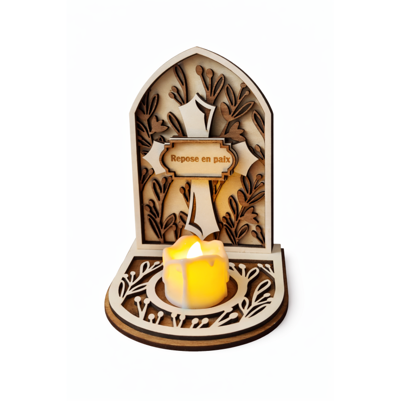 Photophore souvenir personnalisé en bois – Croix – Hommage & mémoire