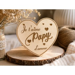 Magnet cœur personnalisé en bois – Je t’aime Mamie, Papy, Papa, Maman