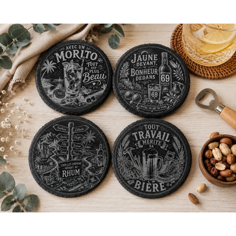 Dessous de verre en ardoise gravés – Team Apéro & Team Café