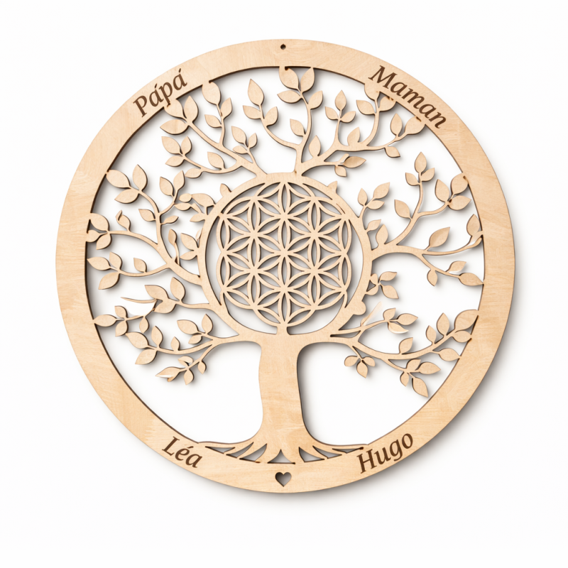 Arbre de vie personnalisé avec fleur de vie – Décoration murale en bois – Arbre de vie famille