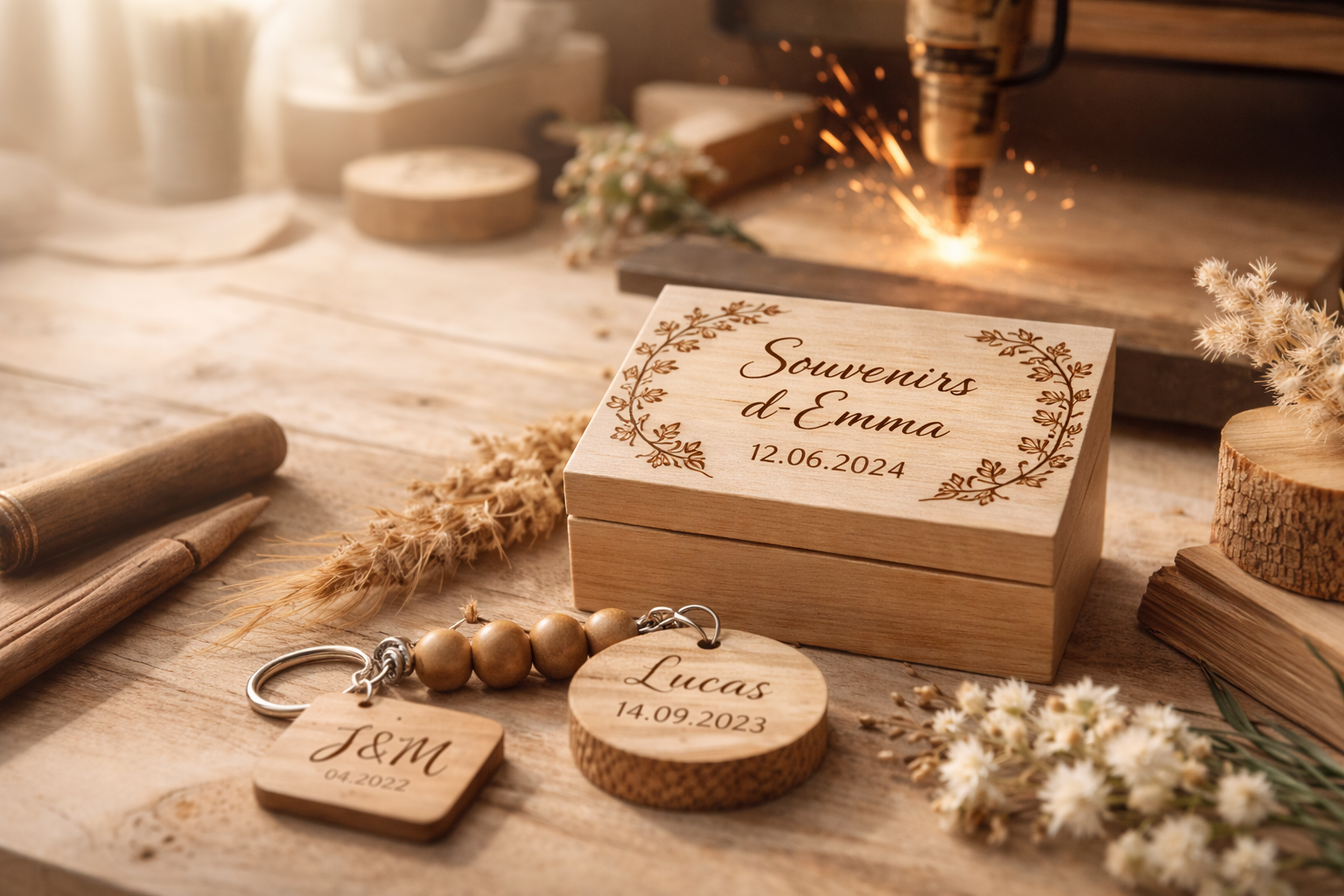 Mon univers artisanal en bois, où la gravure sur mesure et les matières naturelles évoquent un travail fait avec soin et passion.