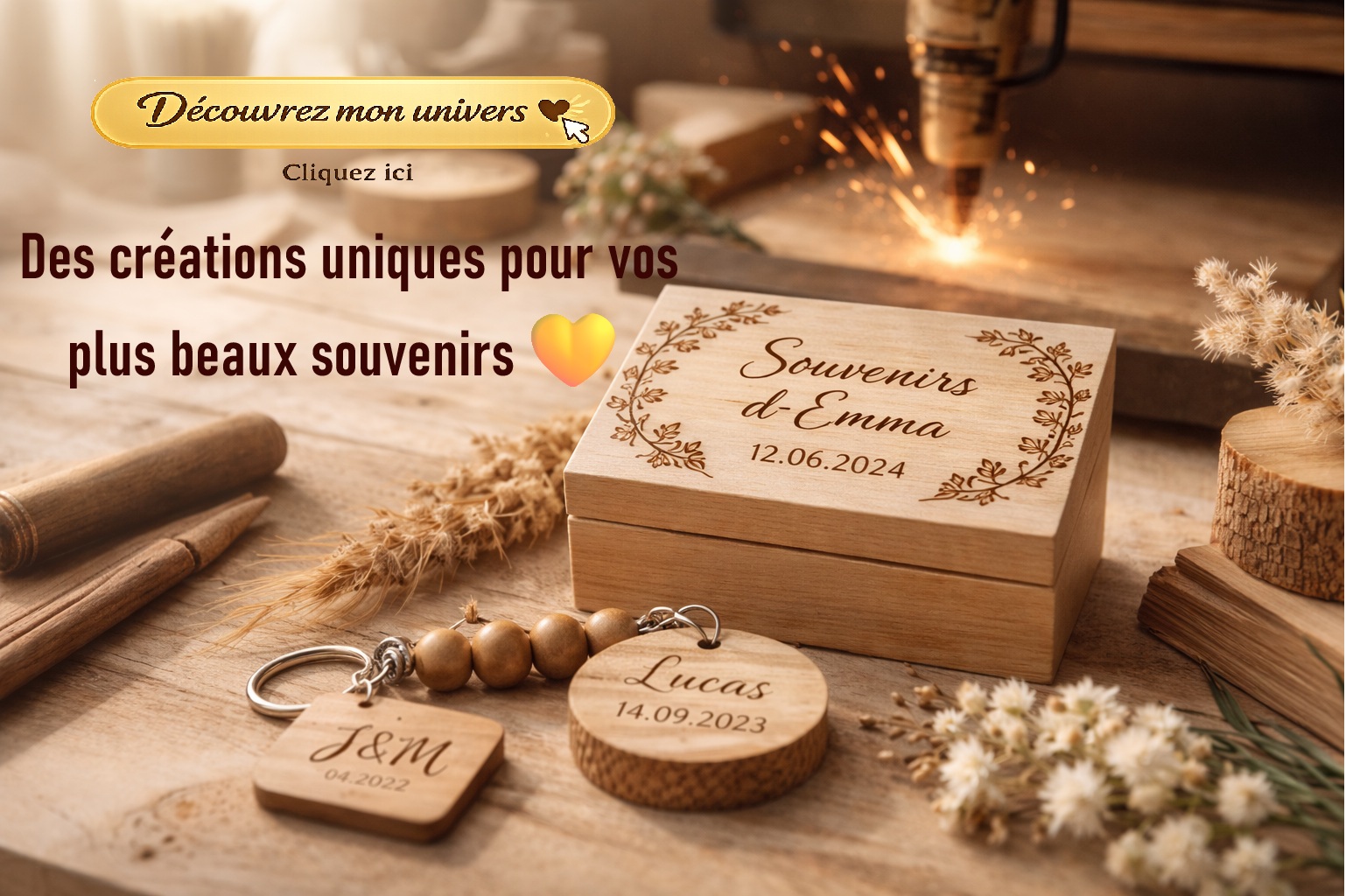 Mon univers artisanal en bois, où la gravure sur mesure et les matières naturelles évoquent un travail fait avec soin et passion.